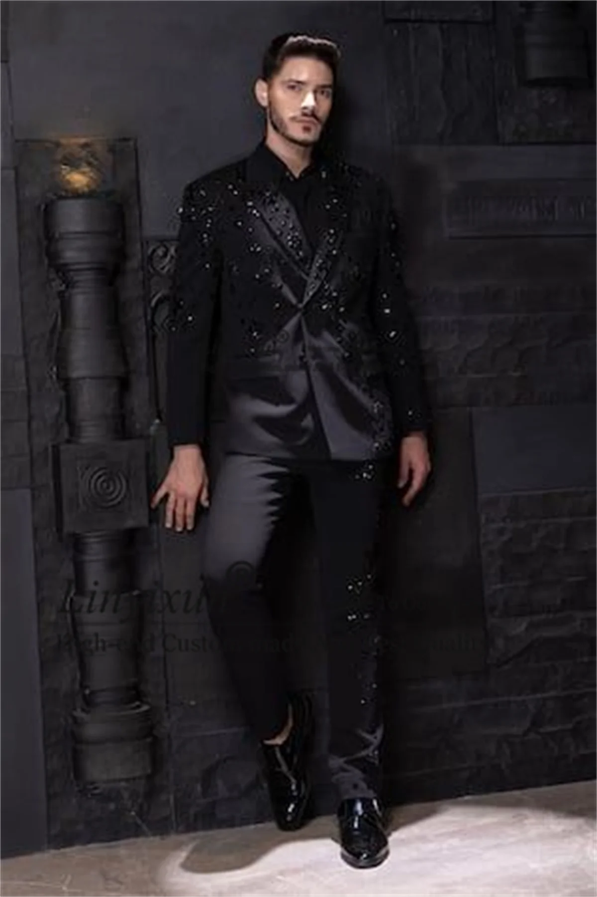 Sparkly Beaded Crystals Mens Suits Double Breasted Groom Wedding Tuxedos 2 Pieces Set Costume Homme Customized Male Prom Blazers