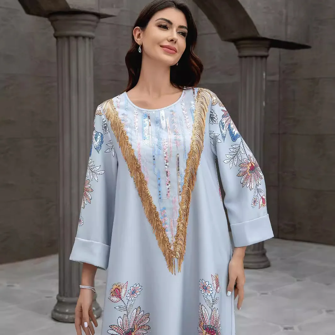 SW0830 Muslim Women's Robe Dubai Printed Hot Bead Dress