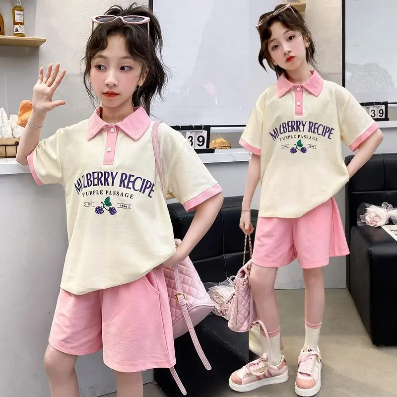 2026 new summer Girls set Clothes teenager fruit letters loose t-shirt + short hot pants 4 5 6 8 10 11 12 year tracksuit Casual