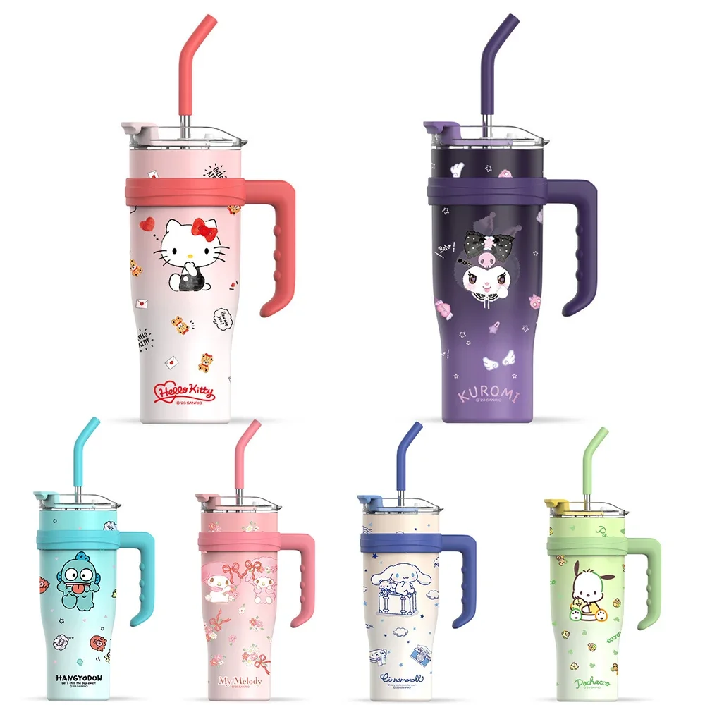 1200ml Sanrio Thermos Bottle Cold Ice Cute Hello Kitty Kuromi Cinnamoroll Melody Stainless Steel Water Bottle Tumbler Straw Gift