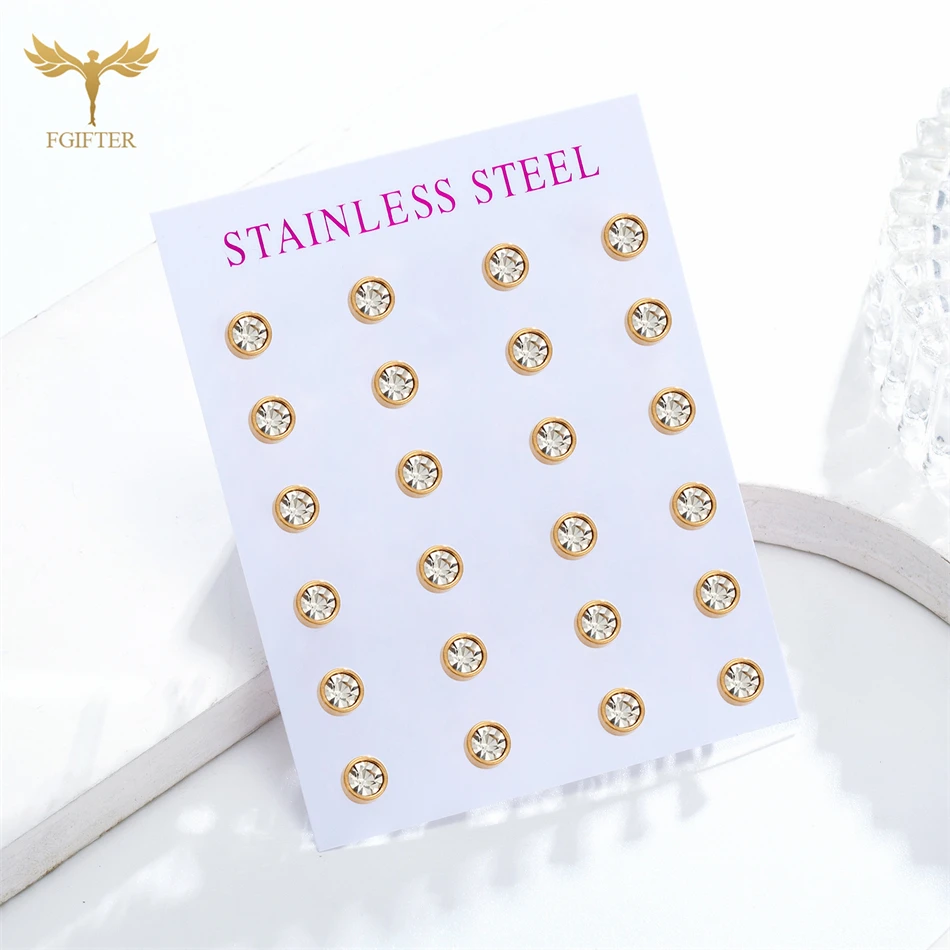 12 Pairs Bright White Crystal Stud Earrings Set for Women 5mm Resin Golden Stainless Steel Jewelry Wholesale Cheap for Resale