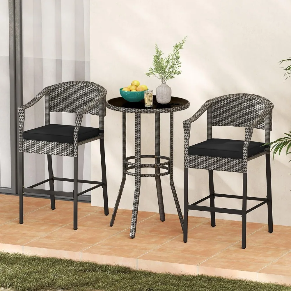 

3-Piece Outdoor Bar Set - Patio Wicker Rattan Bar Height Barstools w/Cushions, Footrest, Round Glass Top Table, High Top Bistro