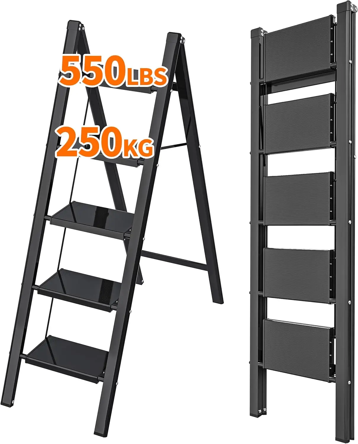 Wide non-slip pedals, 550lb capacity portable sturdy ladder, Home kitchen office multi-purpose ladder, Space saving,