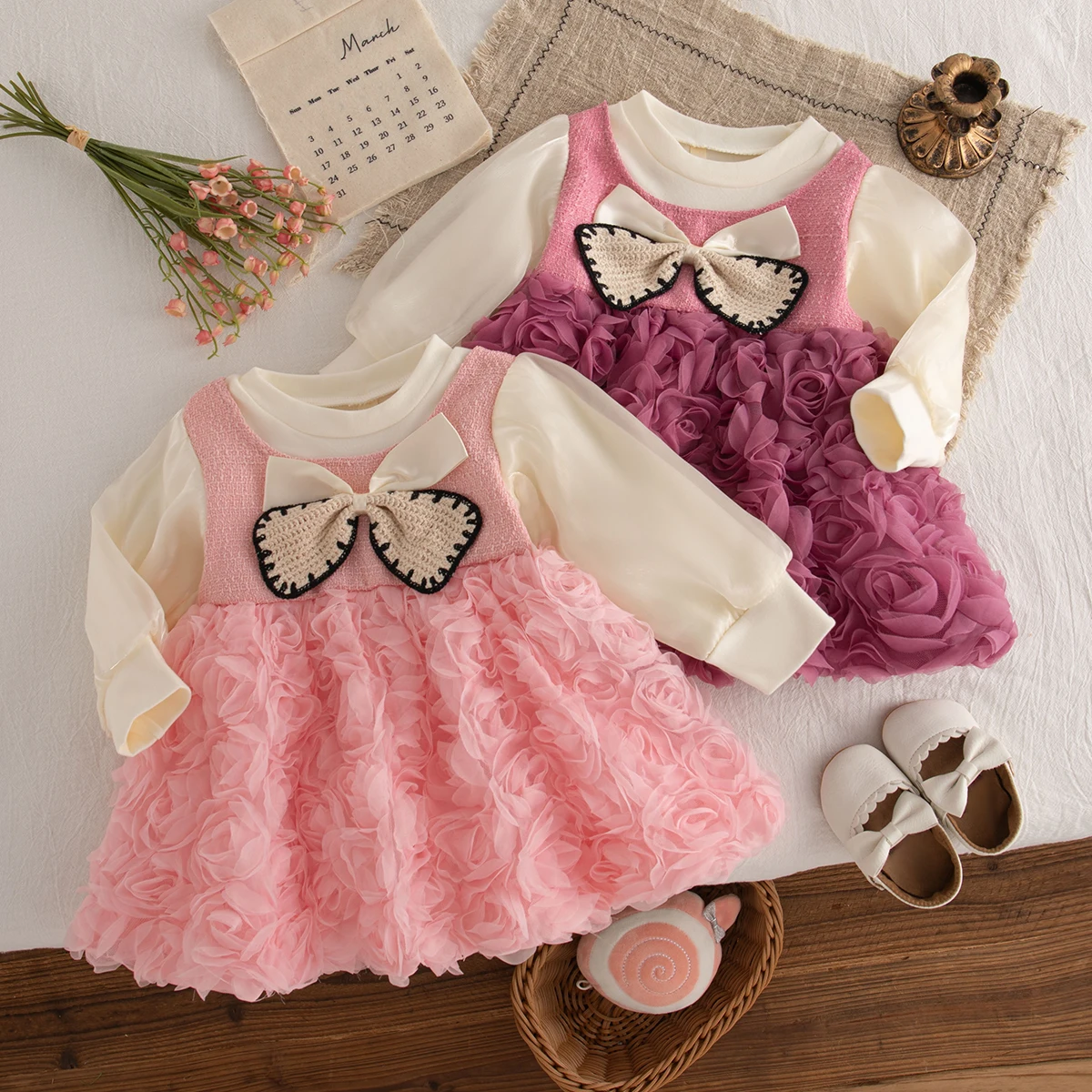 

Baby Girl Dress Autumn/Winter Cotton Bow Rose Long Sleeved Girls Dresses Sweet And Casual Christmas Princess Dress Baby Clothing