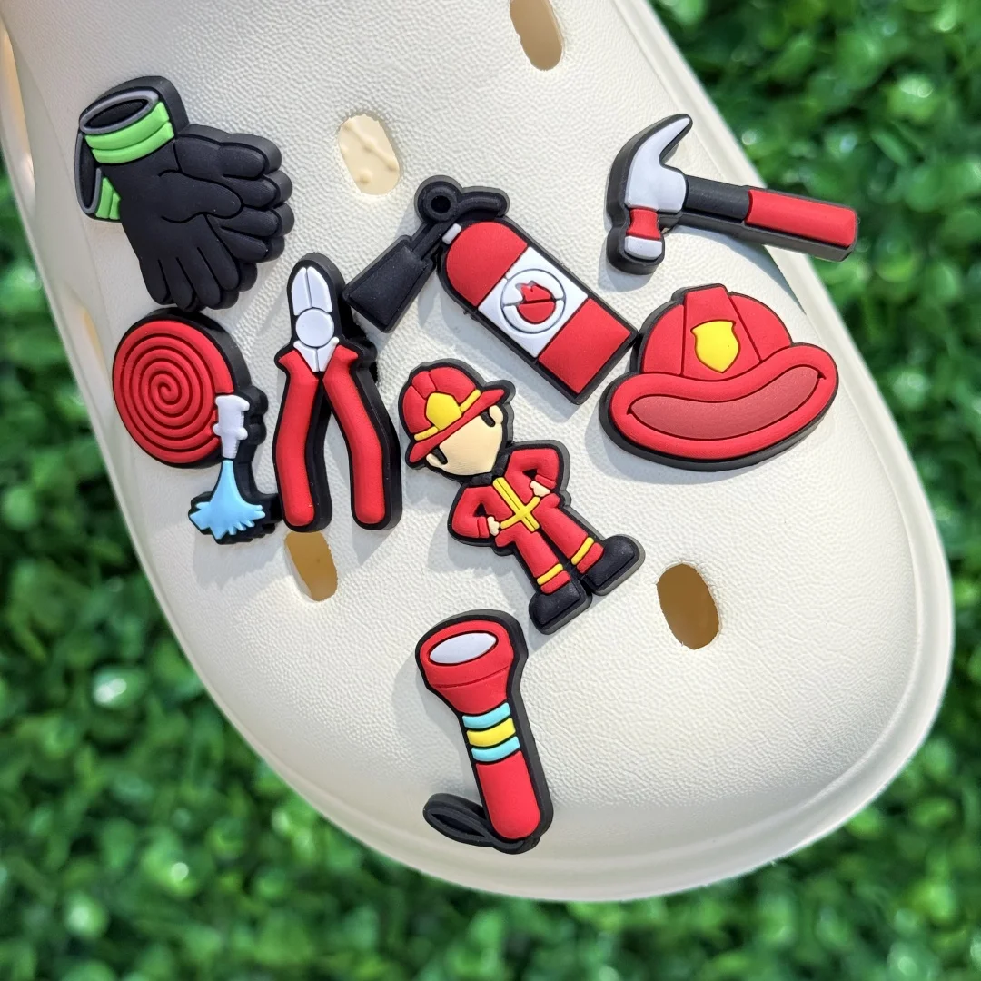 

1-9Pcs Firefighter Tongs PVC Shoes Charms Accessories Fire Extinguisher Boys Girls Clog Buckle DIY Birthday Gifts