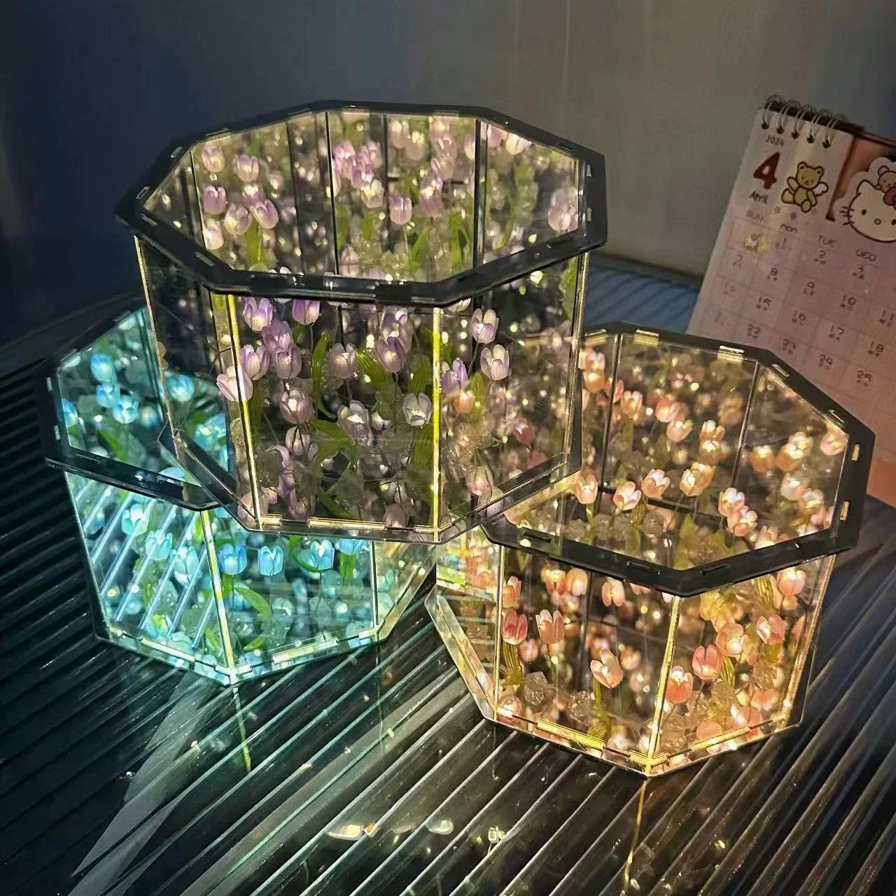 New DIY 2024 Creative Tulip Flower Sea Cube Octagon Small Night Lamp Material Package for Couple Girlfriends room decoration