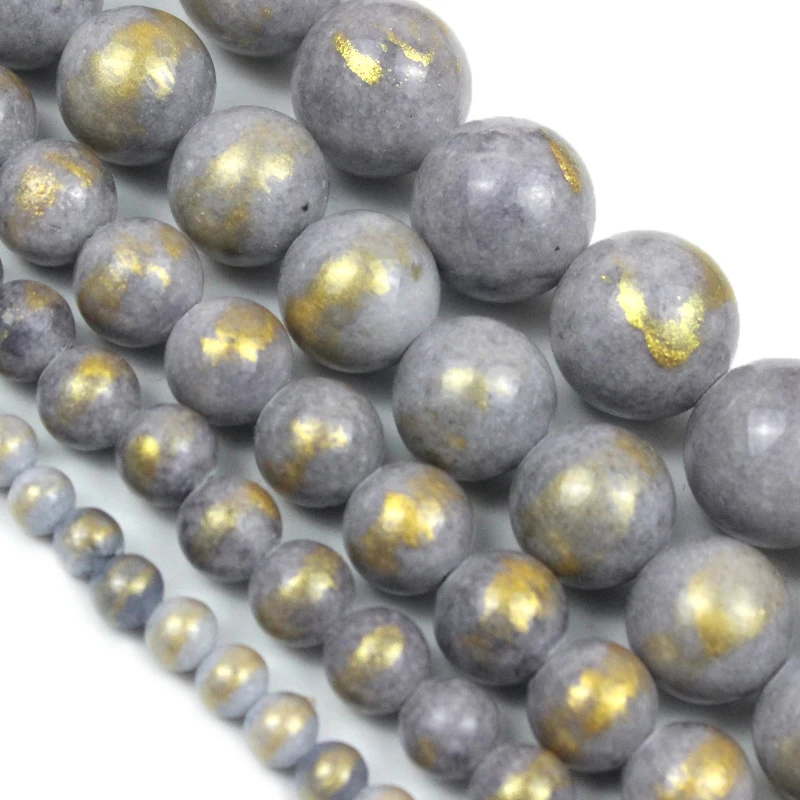 4/6/8/10mm Natural Light Grey Sprinkle Gold Jades Round Loose Beads for Jewelry Making Spacer Beads diy Bracelets Accessories