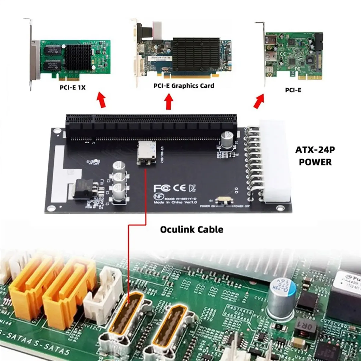 DT675 Newest 4X Oculink SFF-8612 SFF-8611 to PCIE PCI-Express 16X Adapter with ATX 24Pin Power Port for Mainboard Graphics Card