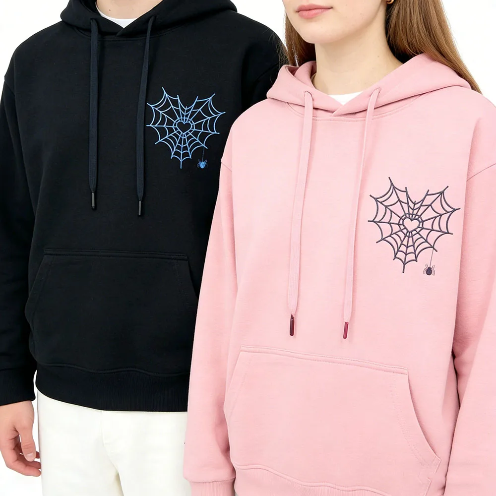 Custom Name Icon Spider Web Heart Couple Hoodie Valentine Day Matching Sweatshirts Unisex Drawstring Hooded Sweatshirt