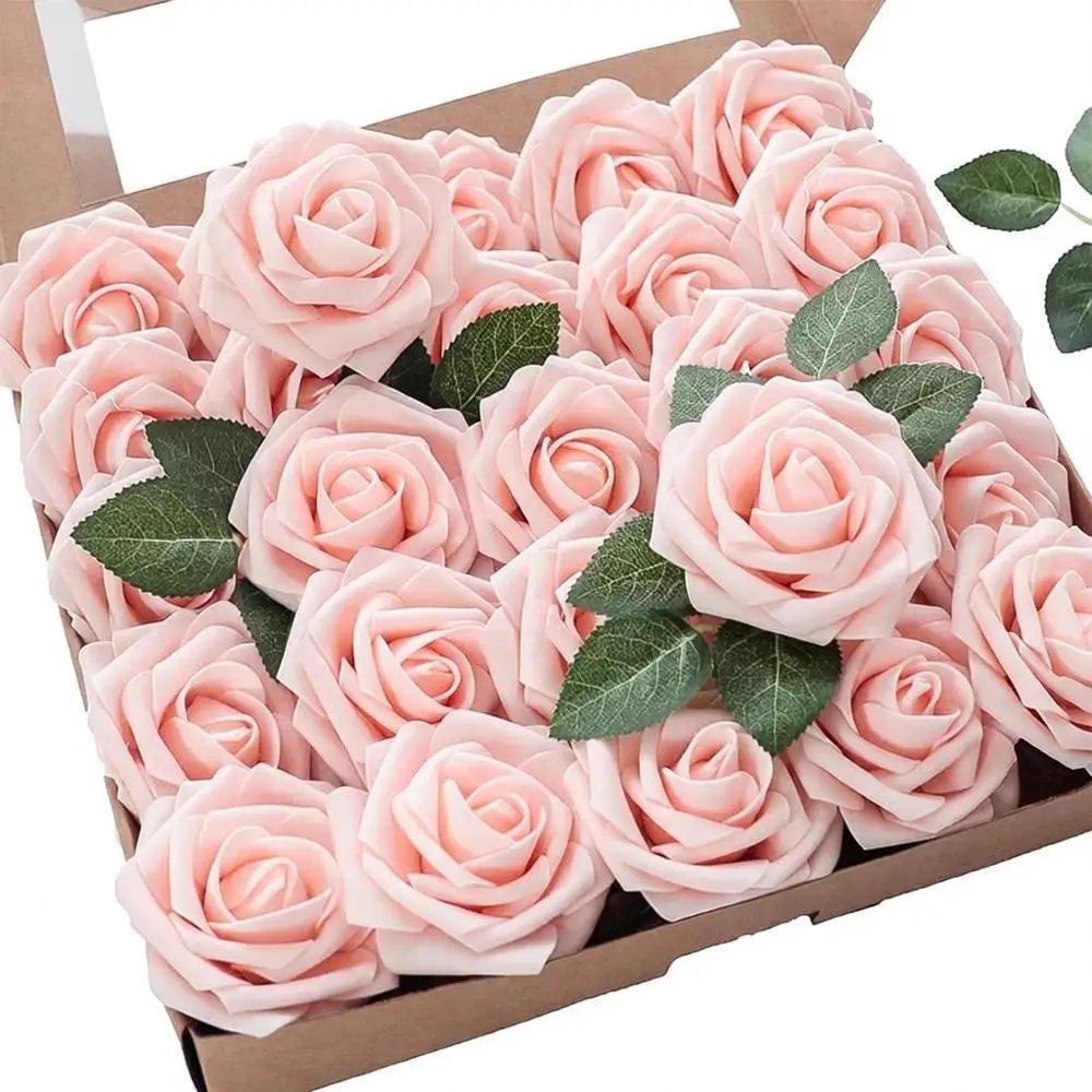 

25-Piece Artificial Blooming Pink Roses Stem Set for Weddings, Showers, and Party Decor