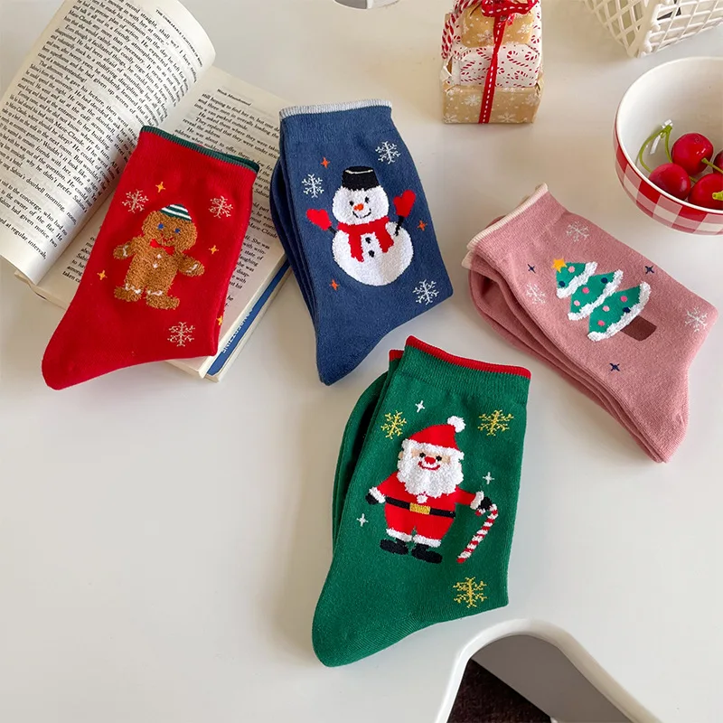 Women's Cotton Autumn Winter Snowman Santa Claus Christmas Tree Creative Cartoon Stockings New Year Christmas Mid-tude Socks