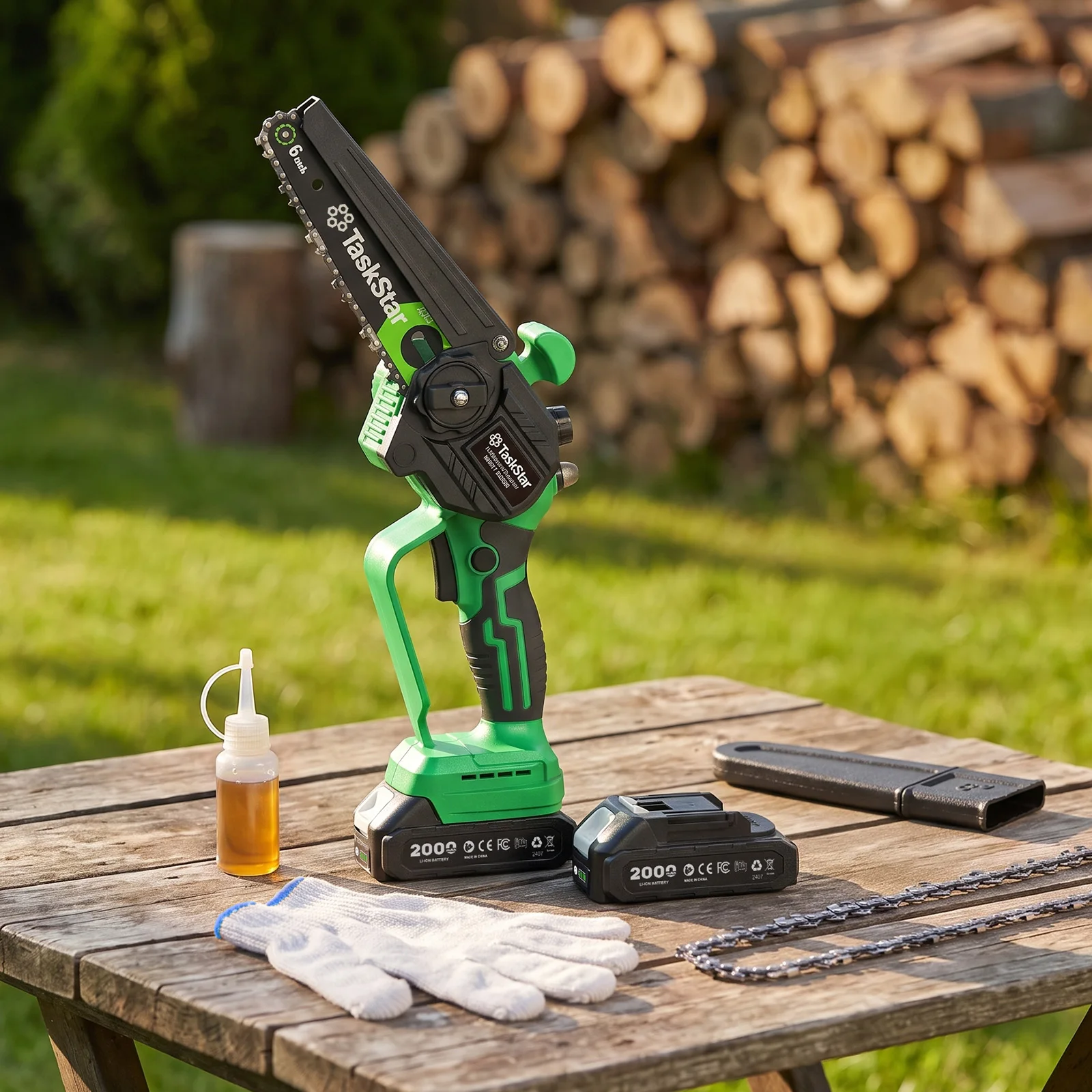 TaskStar 6-Zoll-Mini-Kettensäge, 700 W, Bürstenmotor, handgeführte elektrische Säge, manuelle Ölförderung, Gartensäge zum Beschneiden von Bäumen und zum Holzschneiden. für Makita 18V Akku-Pin – Detail 9