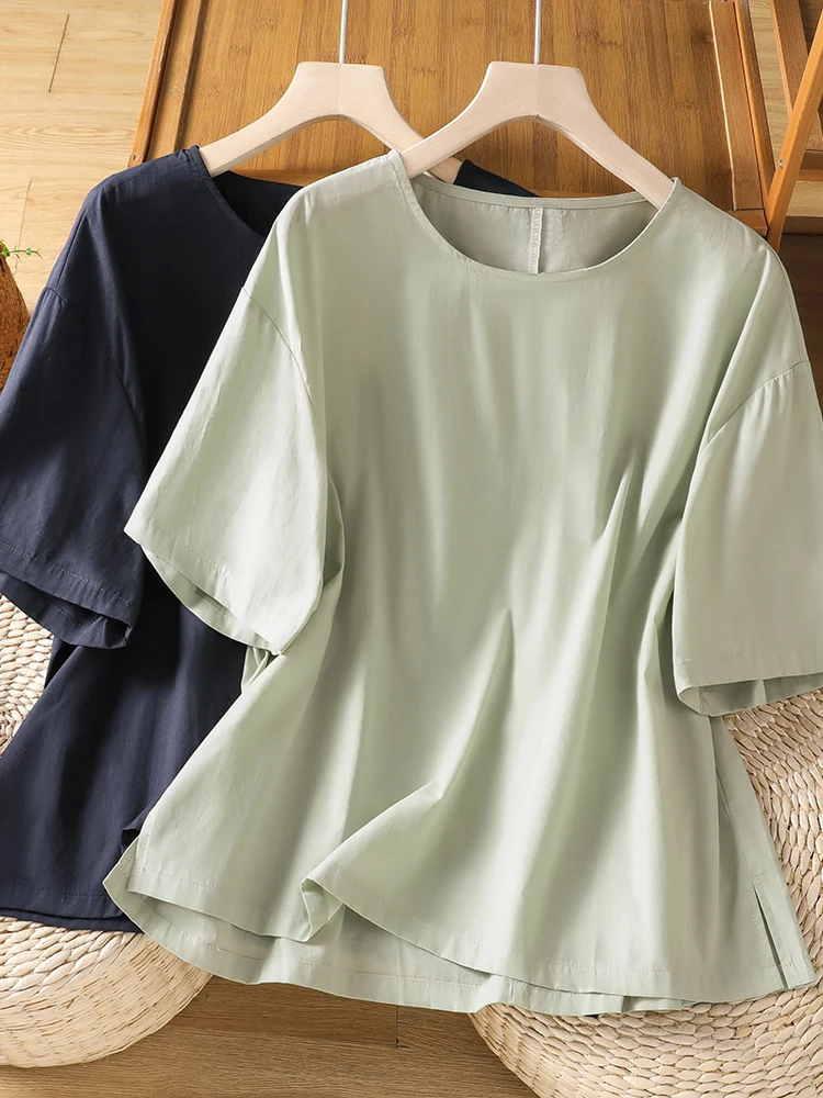 Casual round Neck Overhead Shirt Artistic Leisure T-Shirt Linen Women's Top Fashionable Summer Season Ladies' Clothing