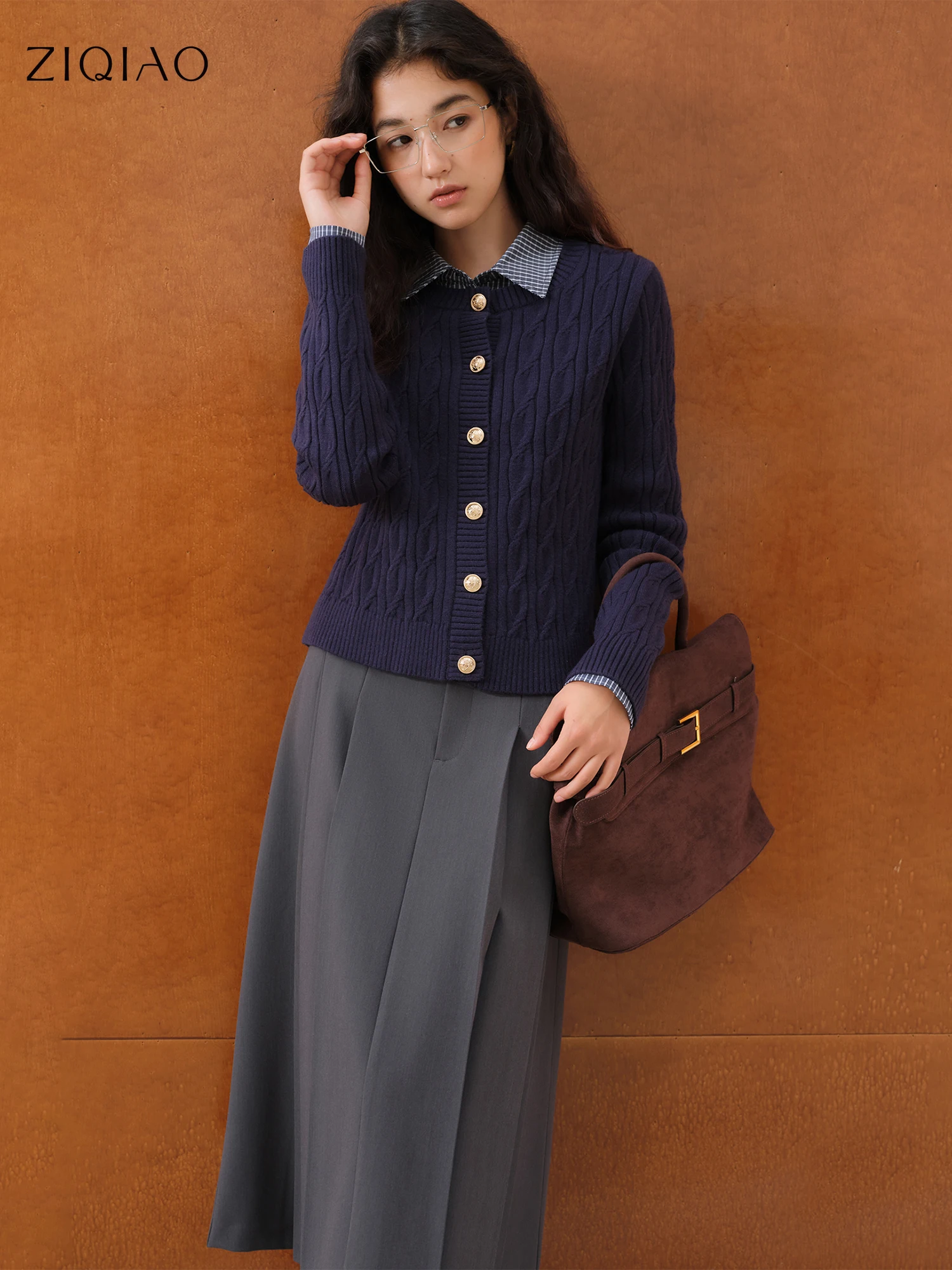 

ZIQIAO Petite Women's Korean College Cable Knit Cardigan Round Neck 2025 Fall Winter New Arrival Gray Creamy Yellow Sweaters