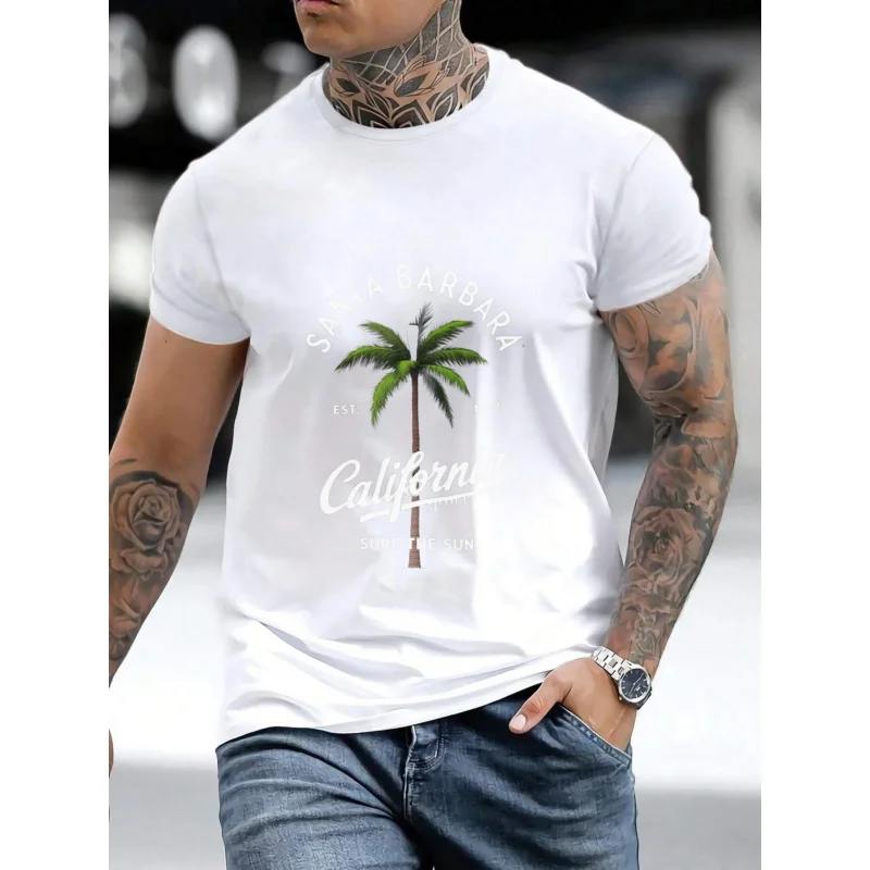 تي شيرت رجالي أبيض سانتا باربرا كاليفورنيا شجرة النخيل مطبوعة قطن عالي الجودة 180 جرام