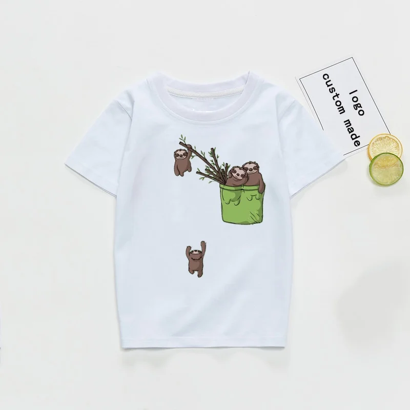 

Pocket Pandas/koala /dog/sloth Animal Print Boys Girls T-Shirts Kids White T Shirts Baby Children Cute Tops Clothing Camiseta