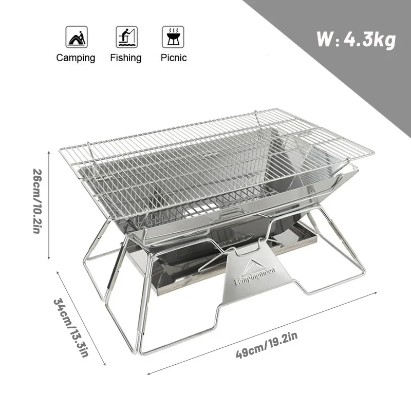 Large Stainless Steel BBQ Grill Foldable Barbecue Grill Portable Outdoor Camping Cooking Tools