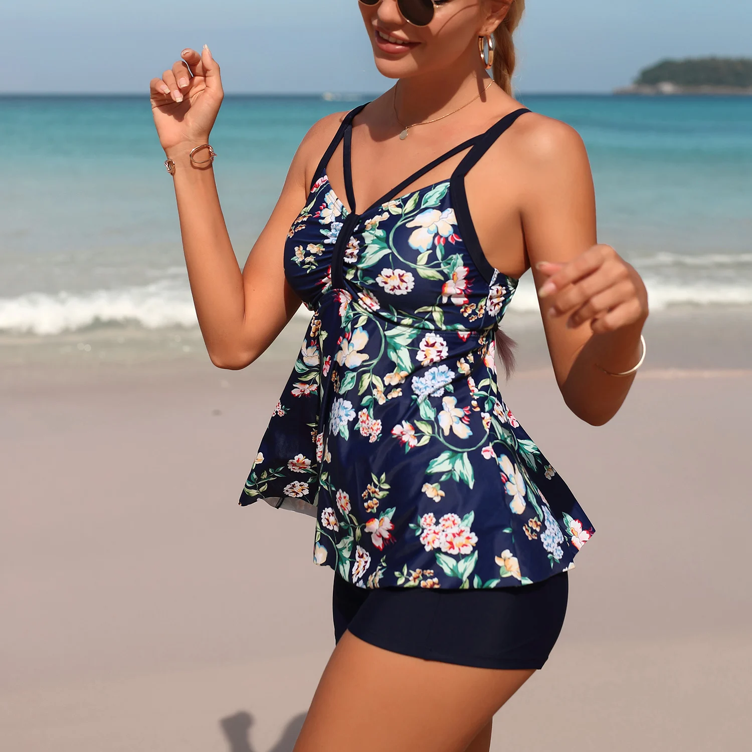 Anfilia Two Pieces Tankini Set For Women Retro Hollow Out Floral Print V Neck Swimsuit