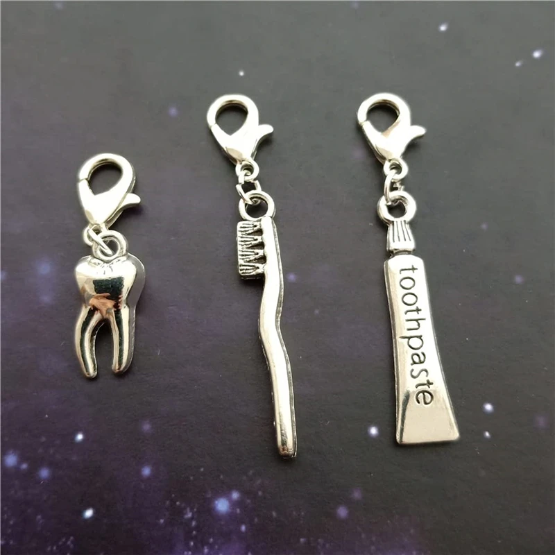 3pc in Set, Toothbrush Zipper Pull, Toothpaste Clip on Charm, 3D Tooth Charm with Clasp