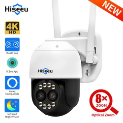 Hiseeu-Wireless Video Surveillance CCTV Camera, segurança ao ar livre, lente dupla, IP Wi-Fi, Zoom 8X, P2P, ICsee, Alexa, 4MP, PTZ, 8MP, 4K