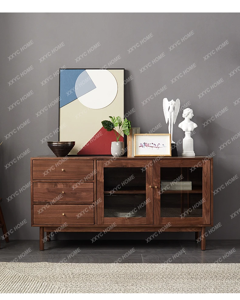 solid wood dining side cabinet simple double door black walnut light luxury multi-functional locker