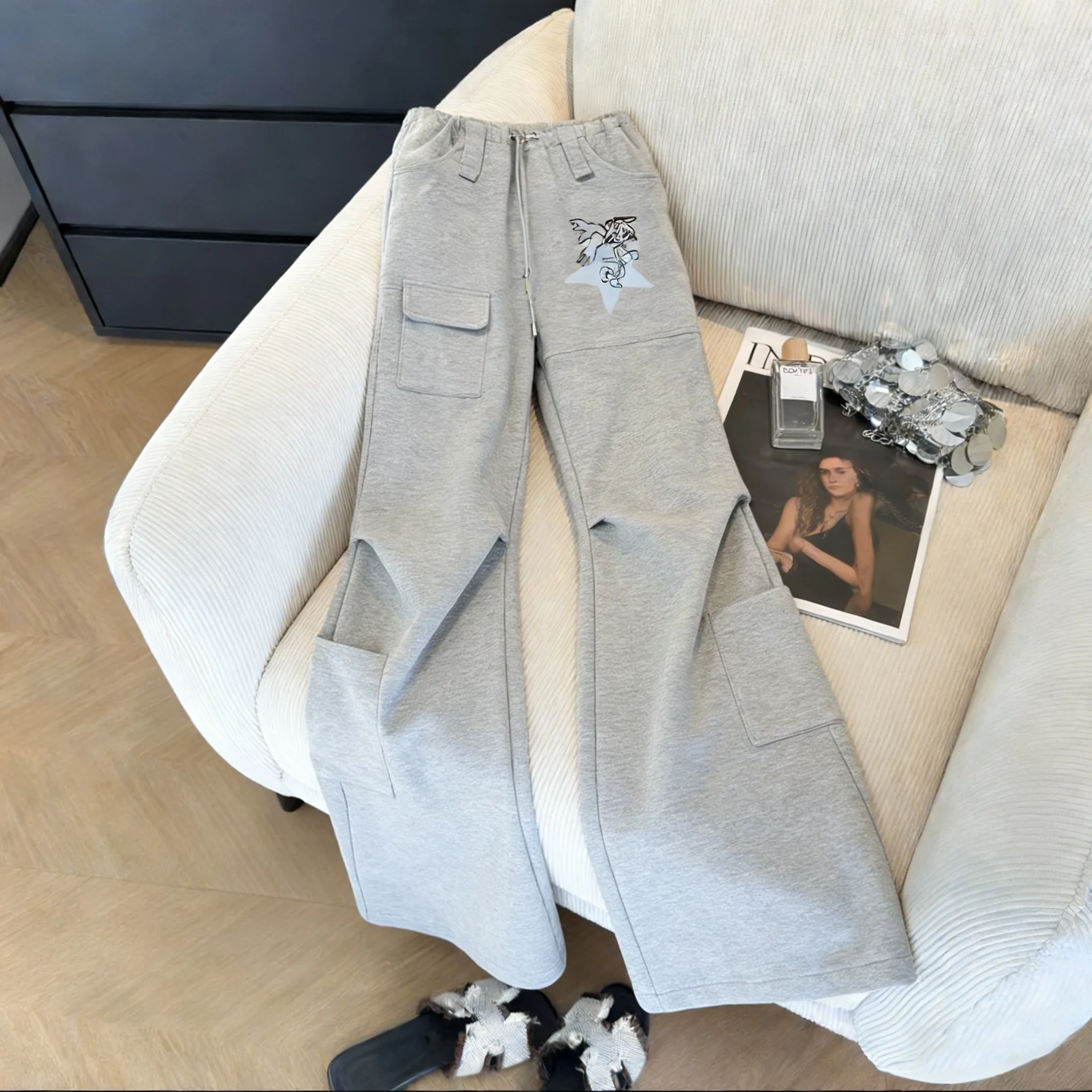 

Свободные прямые спортивные повседневные брюки с плиссированным принтом в стиле весна-осень, удобные, свободного кроя