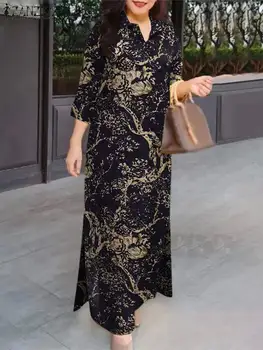 ZANZEA-vestido de verano Vintage con estampado Floral para mujer, traje bohemio con cuello de solapa, manga 3/4, 2024