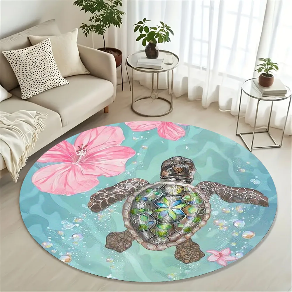Turquoise Blue Sea Turtle Ocean Round Area - Non-Slip Machine Washable Soft with Turquoise Green & Pink Marine Life Design