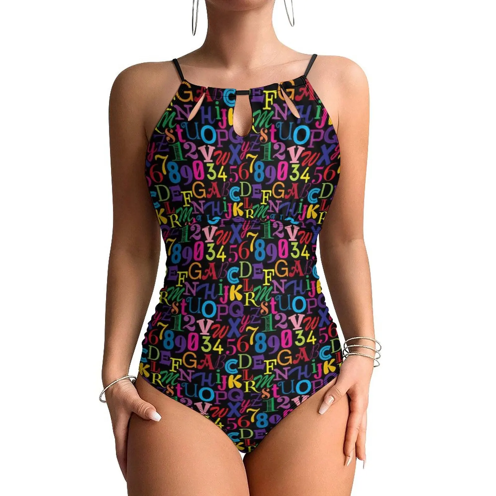 

Letter Print Swimsuit Sexy Colorful ABCs Women Swimwear One-Piece Aesthetic Bodysuit Holiday Rave Push Up Hollow Out Monokini