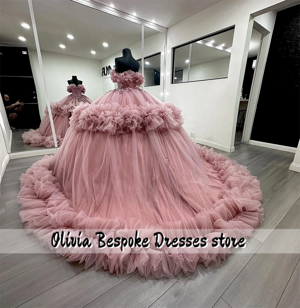 Blush Pink Beaded Lace Appliques 15 Years Quinceanera Dresses 2024 Ruched Train Ball Gown Mexico Cinderella Dress Customized