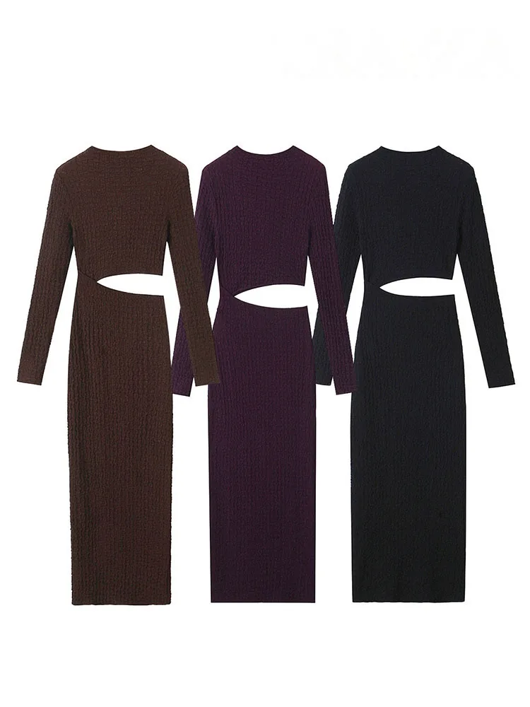 เดรสครอปผู้หญิง HH ดีไซน์หรูหรา เนื้อผ้ามีเท็กซ์เจอร์ ทรงเข้ารูป แขนยาว คอทรงโอ ผ้ายืดหยุ่น สไตล์มินิมอล สำหรับฤดูใบไม้ผลิ