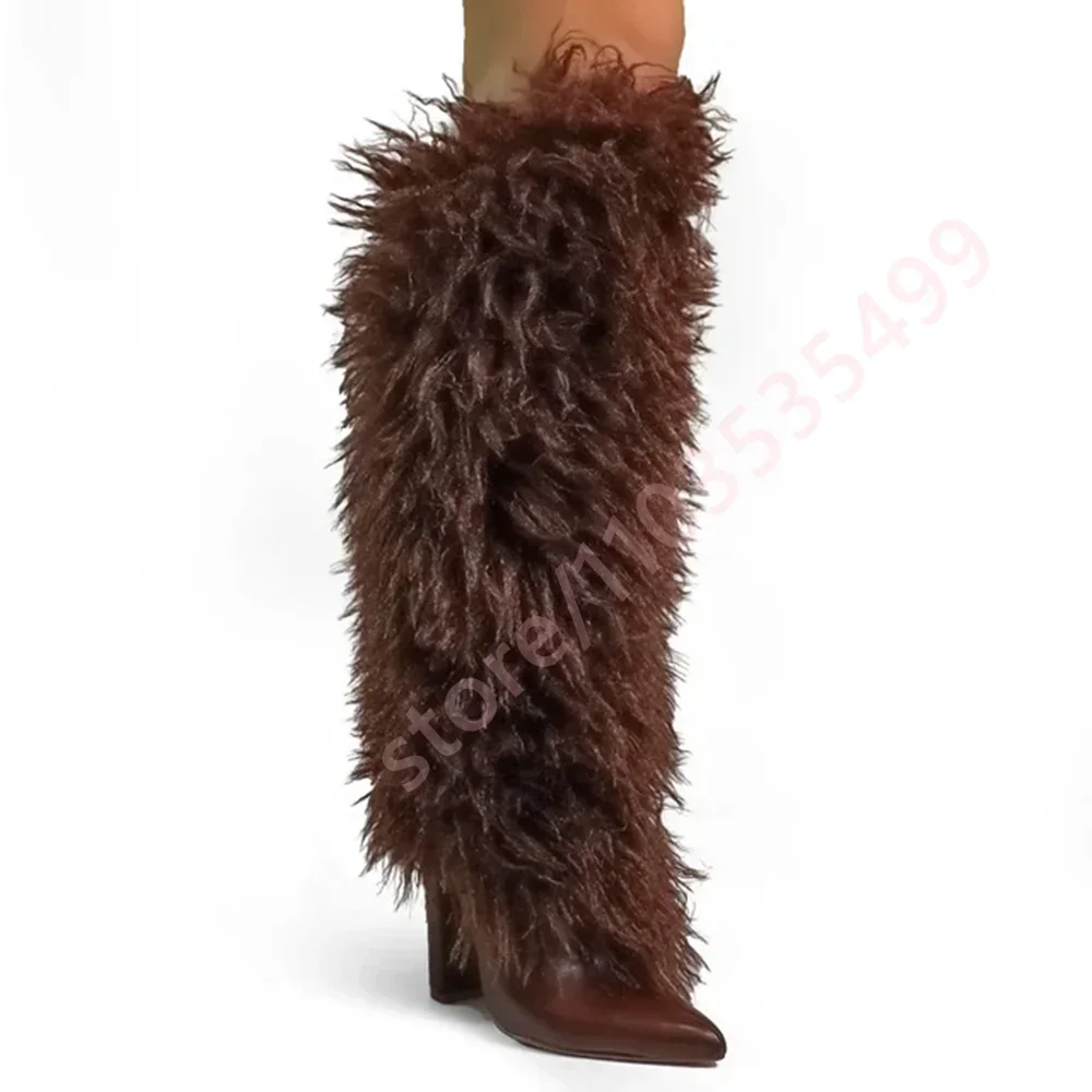 

Women's Winter Pointed-Toe Furry Snow Boots 2025 Chunky High Heel Fashion Party Casual Stage Boot Sexy Runway Style