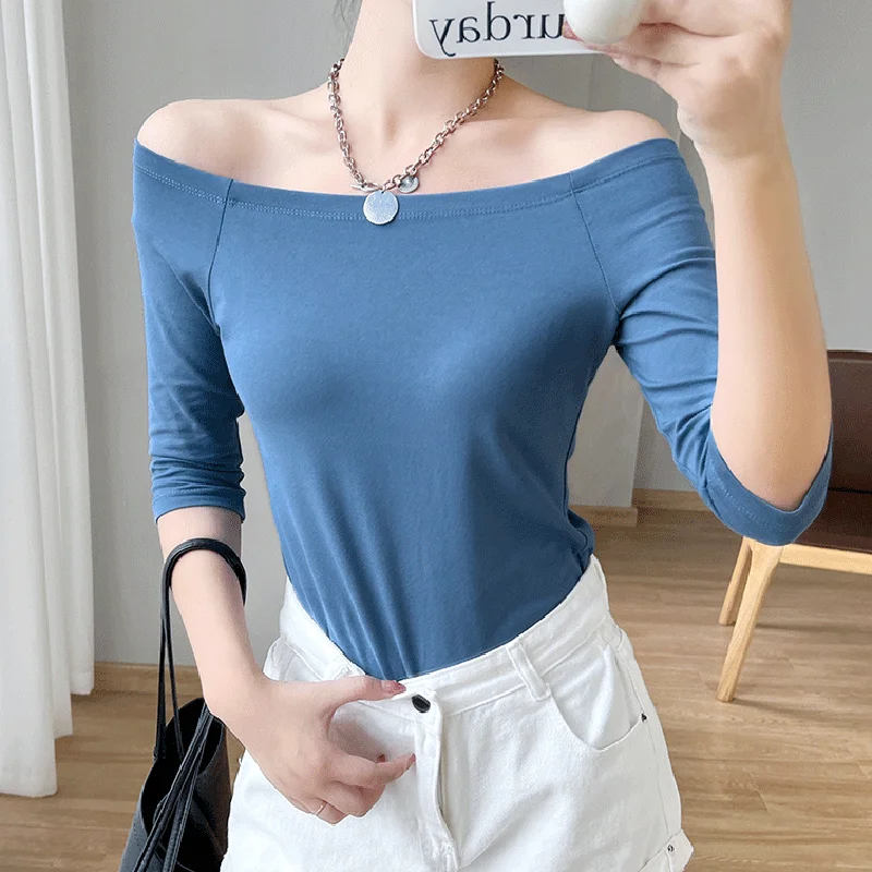 2023 Summer Slash Neck Crop Tops T Shirt Womens Sexy Off Shoulder T Shirts For Women Casual Half Sleeve Cotton Tee Shirt Femme