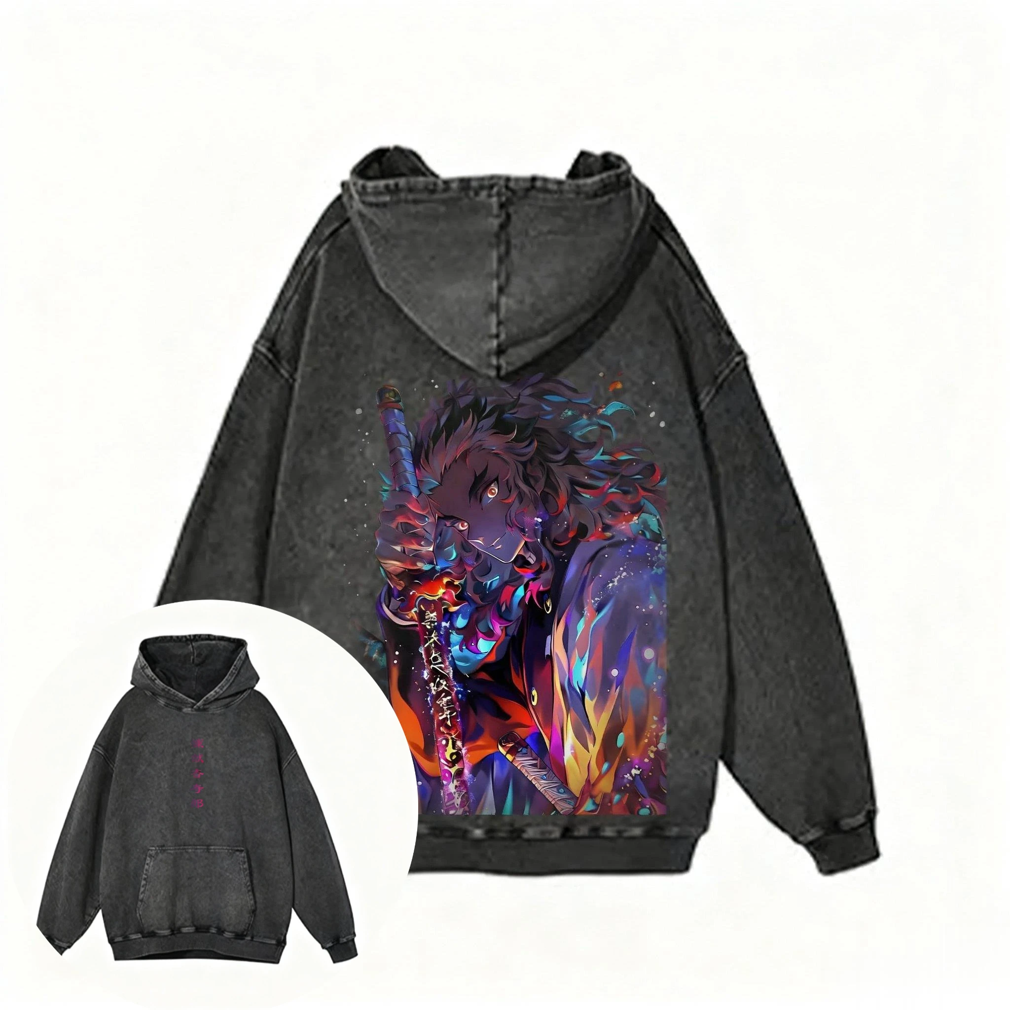 

Oversized Washed Hooded Sweatshirt AnimeDemon Slayer Tanjiro Autumn Trendy Men Women Streetwear Pullover Casual Y2k Top Harajuku