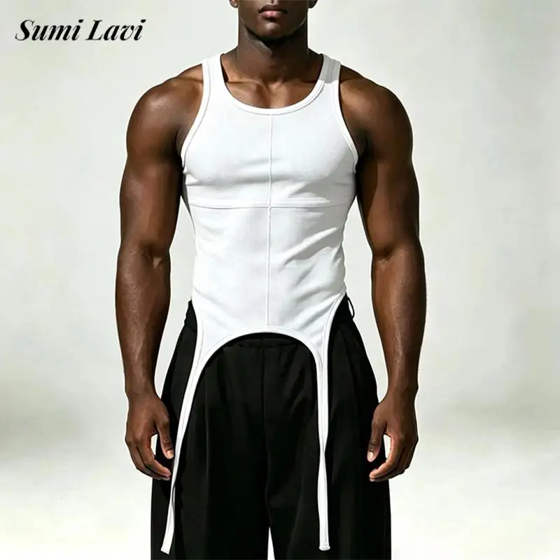Streetwear Vintage Solid Color Sleeveless Camisoles Mens Stylish O Neck Split Hem Vest Men Daily Elastic Slim Fitness Tank Tops