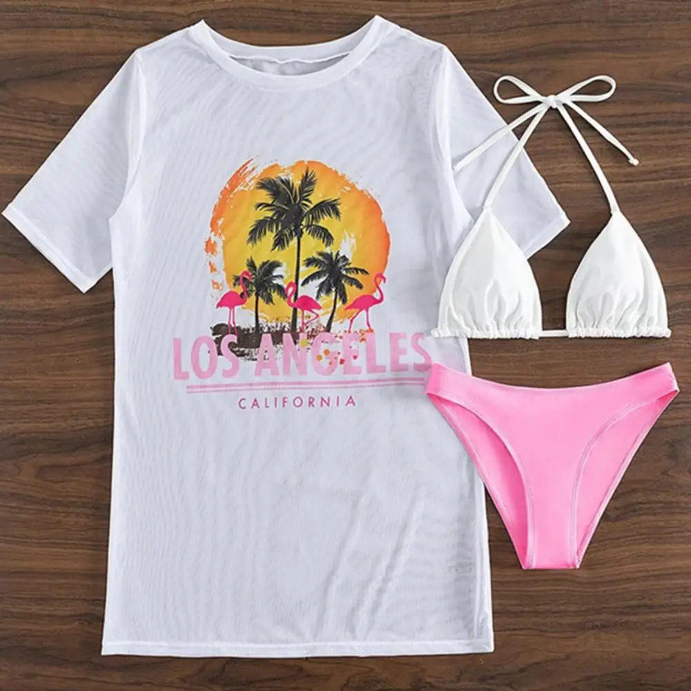 Sexy Bikini Set Stylish Tropical Print Bikini Set with Lace-up Detail Cover Up Women's Swimwear Set for Beachwear Poolside