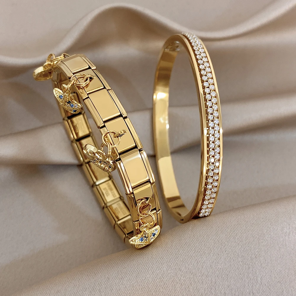 Elegant Double-layer Zircon Shiny Stainless Steel Bangle for Women Italian Chain Spring Golden Waterproof Bracelet Party Jewelry