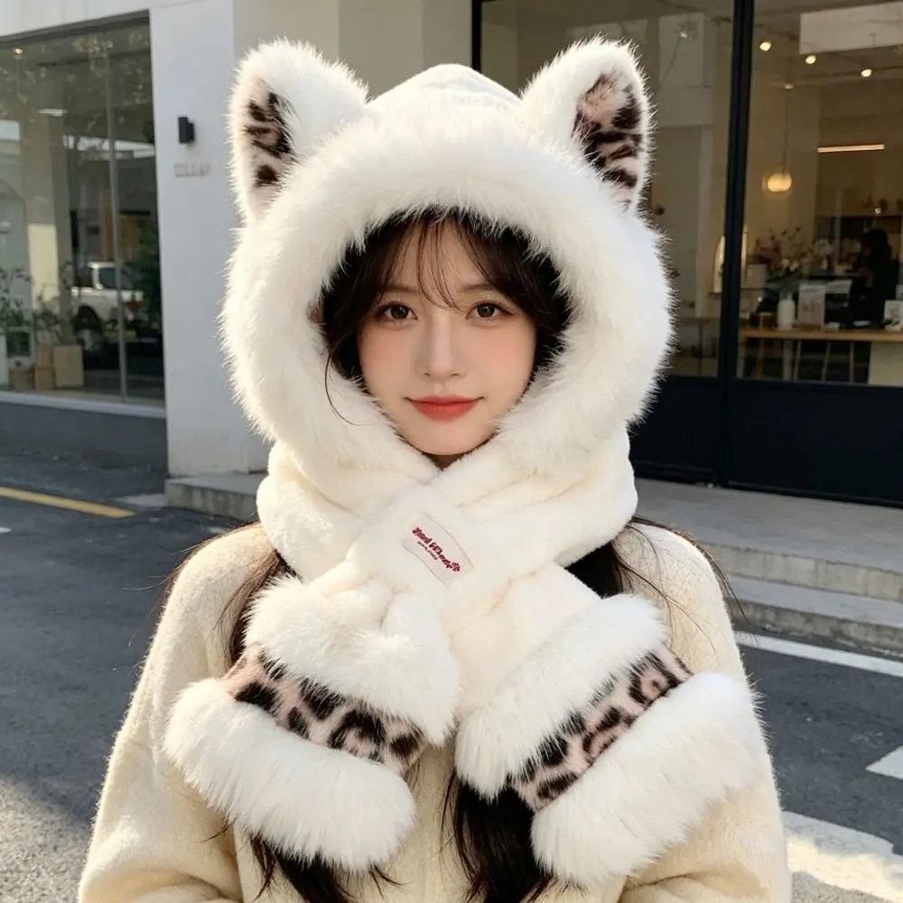 Stylish Leopard Hat Scarf Set Polyester Lining Fox Ear Hat Set Hooded Neck Warmer For Women