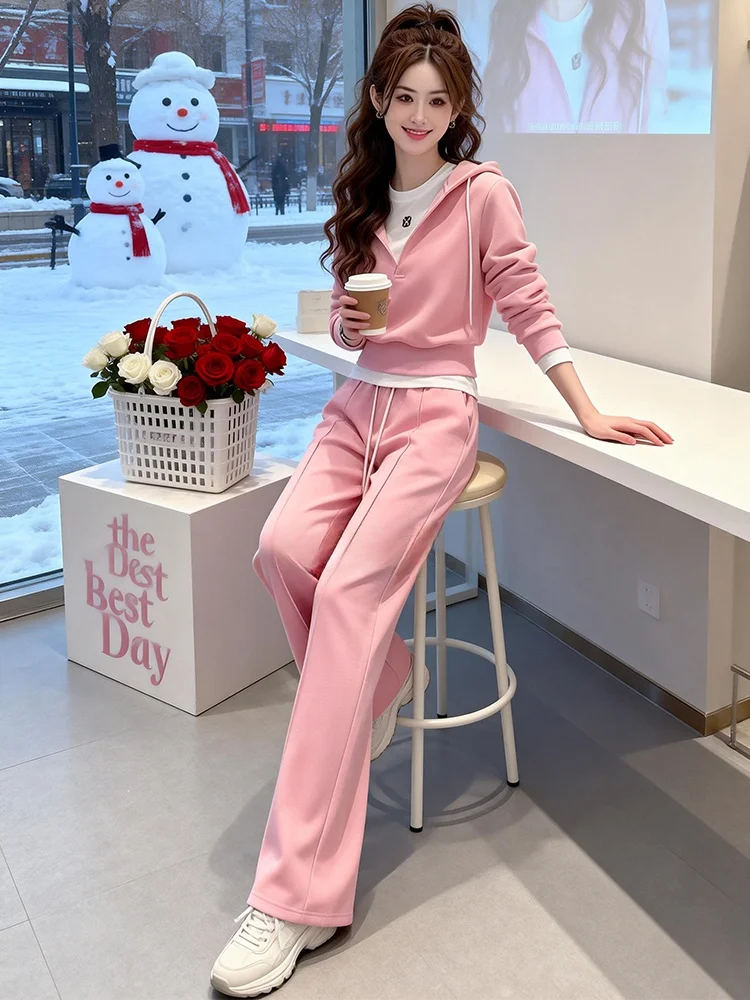 

Fashionable Casual Women's Set Spring New Pink Hooded Long Sleeve Sweatshirt High Waist Wide Leg Pants Two Piece Set
