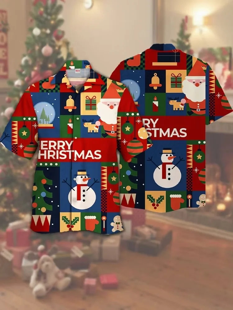 Eye-Catching Merry Christmas Colorful Blocks Christmas Patterns Printing Cuban Collar Hawaiian Short Sleeve Shirt Hawaiian Shirt