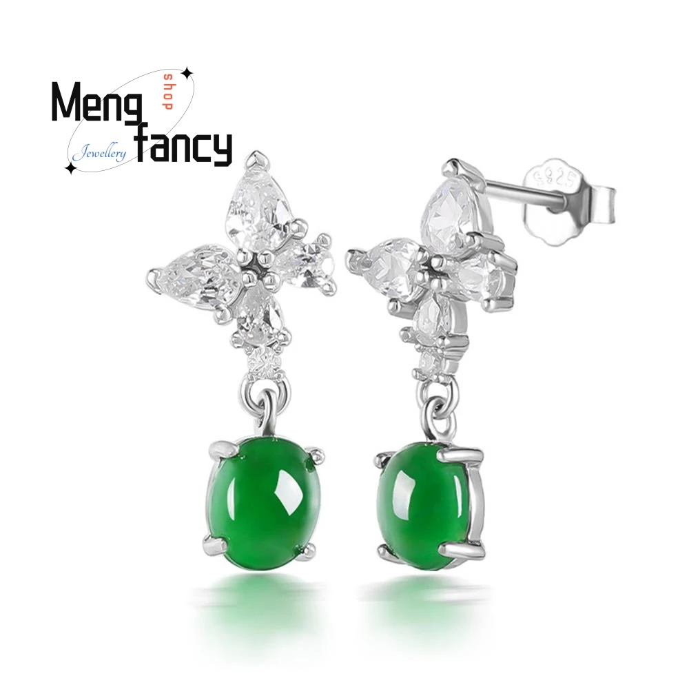 

Natural A-goods Jadeite Yang Green Egg Earrings Icy Jade S925 Silver Inlaid Women's High-grade Exquisite Luxury Fashion Earrings