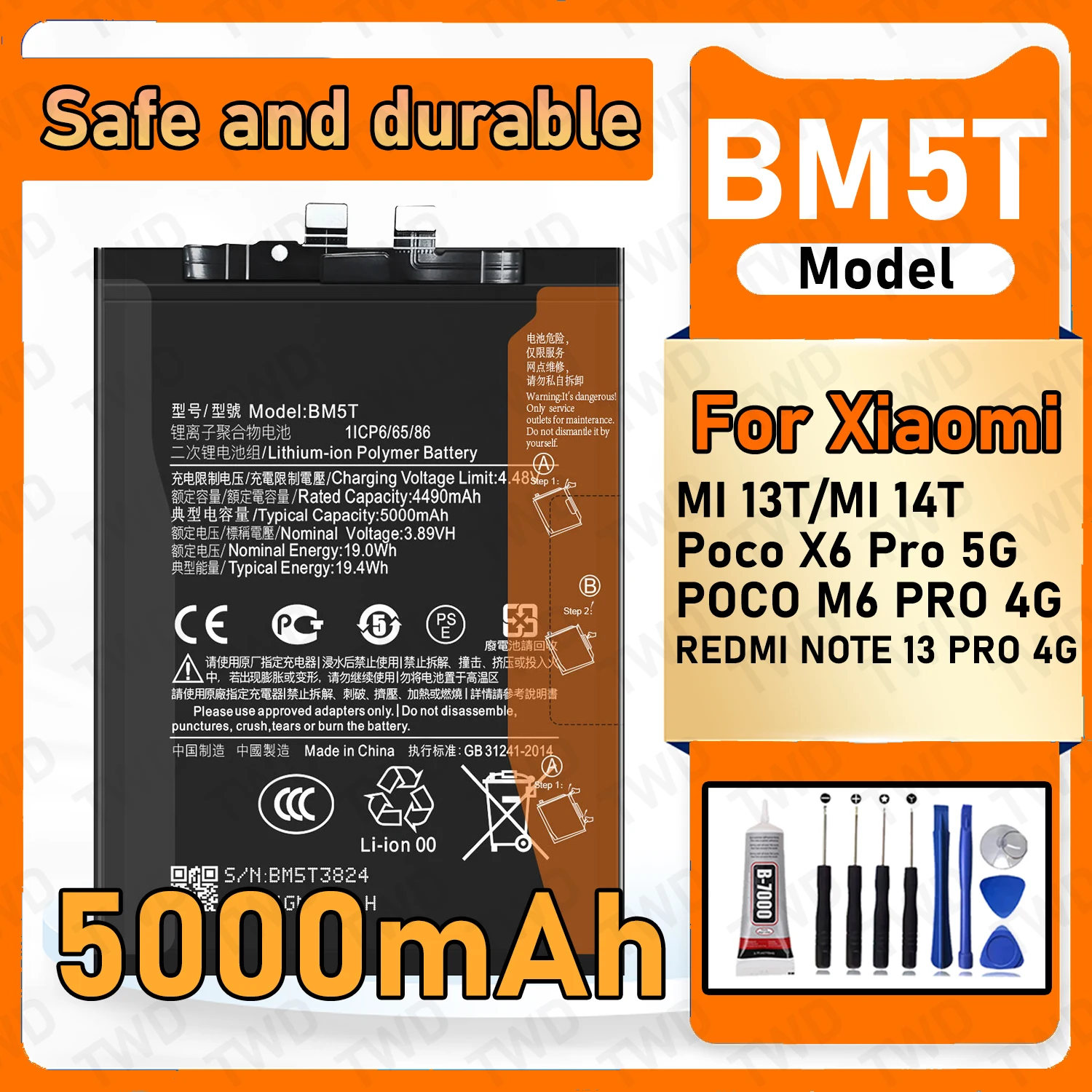 BM5T Large capacity Battery For MI 13T/MI 14T/Poco X6 Pro 5G/POCO M6 PRO 4G/REDMI NOTE 13 PRO 4G Batteries New High Quanlity