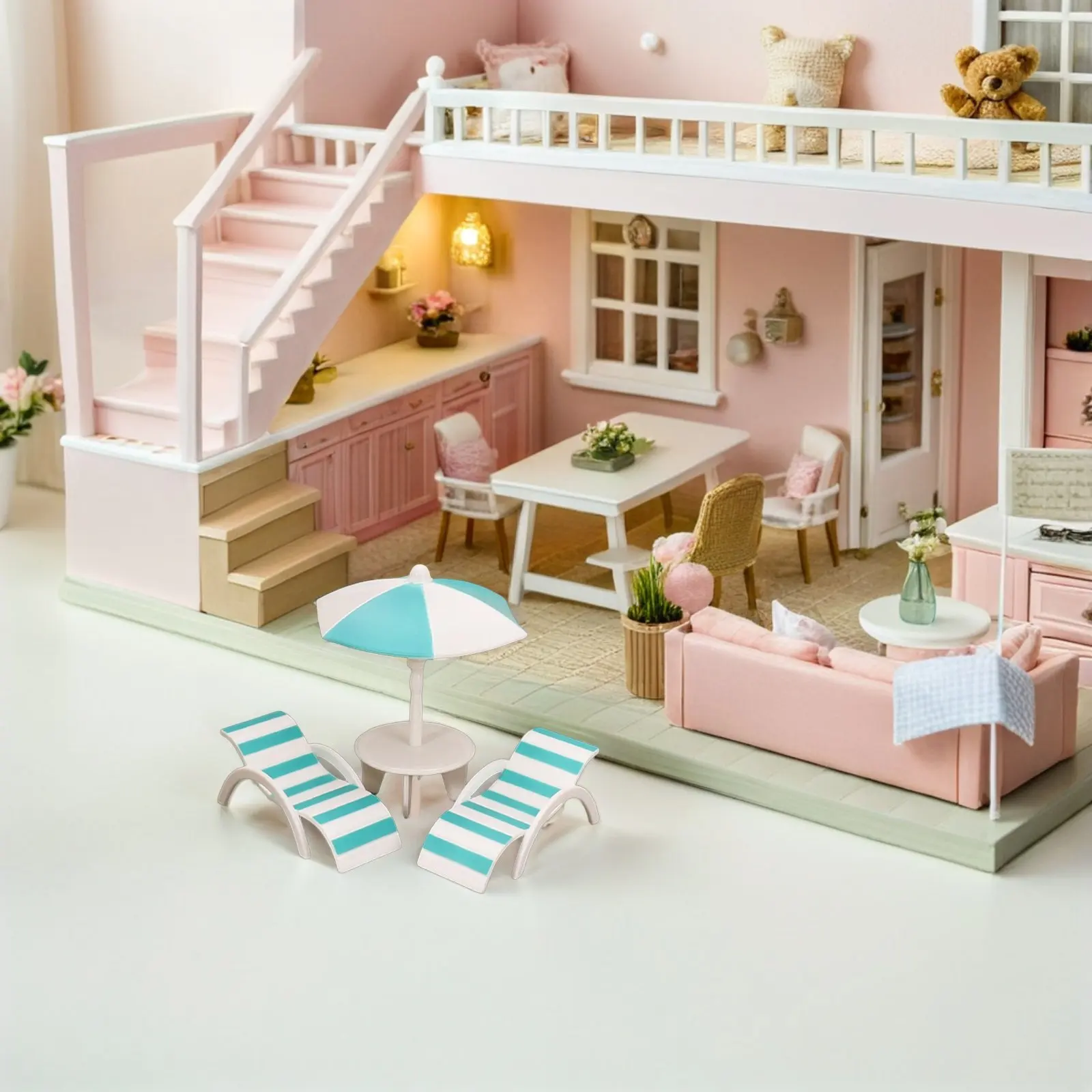 4 set Miniature Beach Chairs Umbrella Set Dollhouse Miniature Furniture For Beach Theme Decor Mini Folding Chair Kids