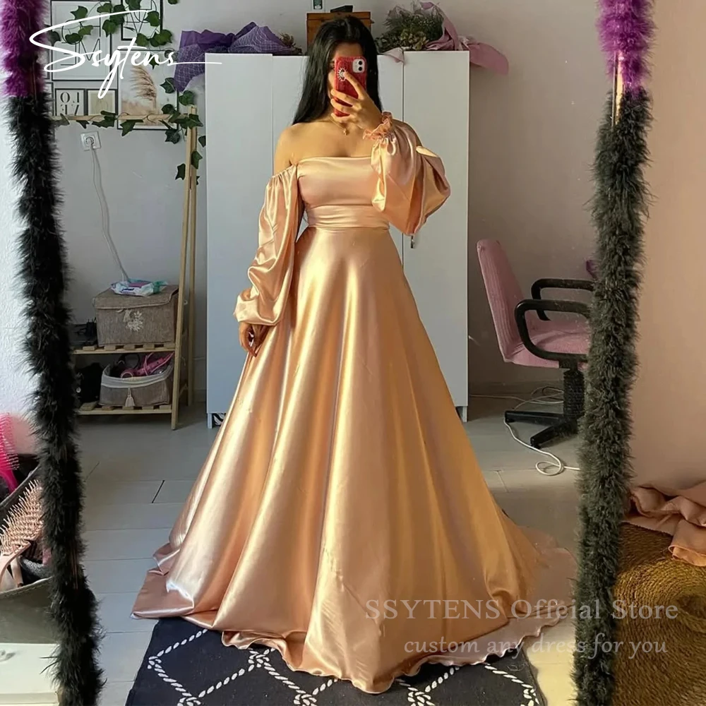 

SSYTENS Simple Saudi Evening Party Dresses Vestidos de noiva Silk Puff Long Sleeves Dubai Arabic Women Prom Gowns Customized