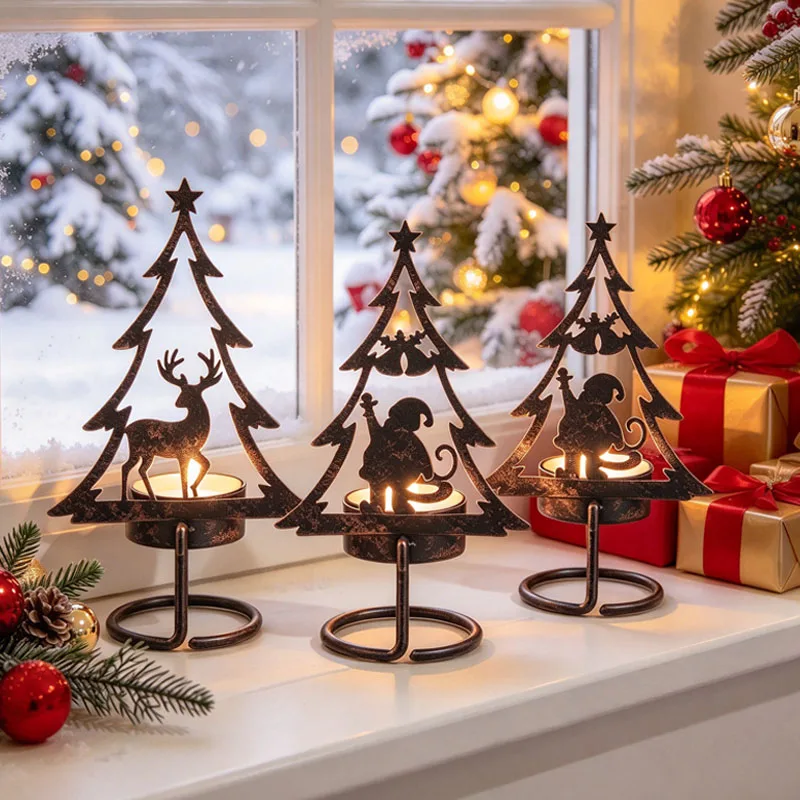 Home Decor Desk Accessories Christmas Candle Holder Tree Candlestick Xmas New Year Decoration Festive Gift Ornament for Holidays
