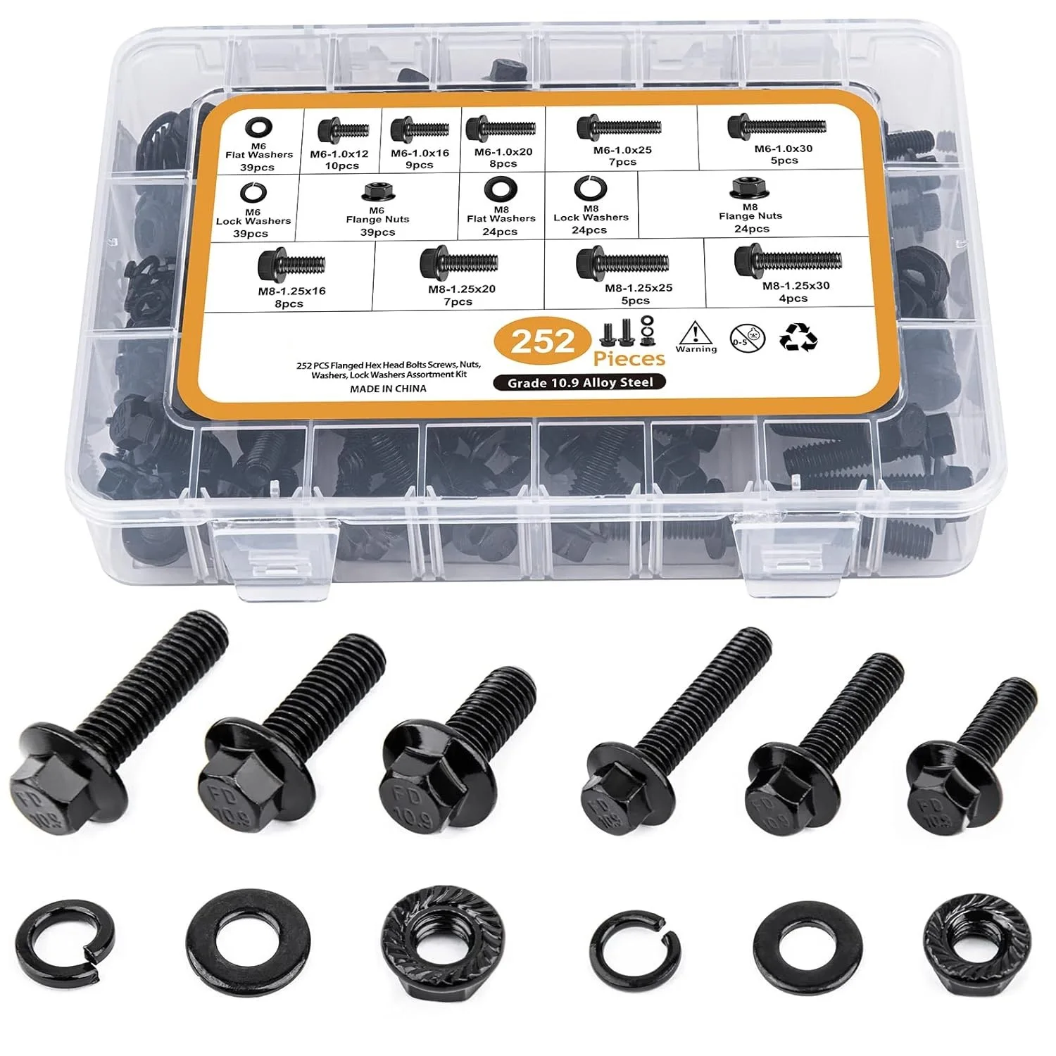 252Pcs M6 M8 Flange Hex Head Bolt Nut Washer Set 10.9 Alloy Steel Black Zinc Plated Cross Border