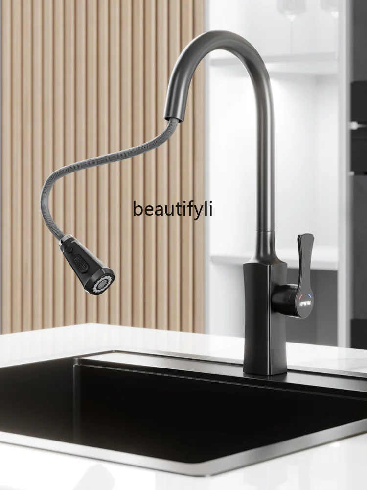 Bathroom Copper Nordic Matte Kitchen Faucet Household Sink Kitchen Sink Black Pull-out Rotating Faucet