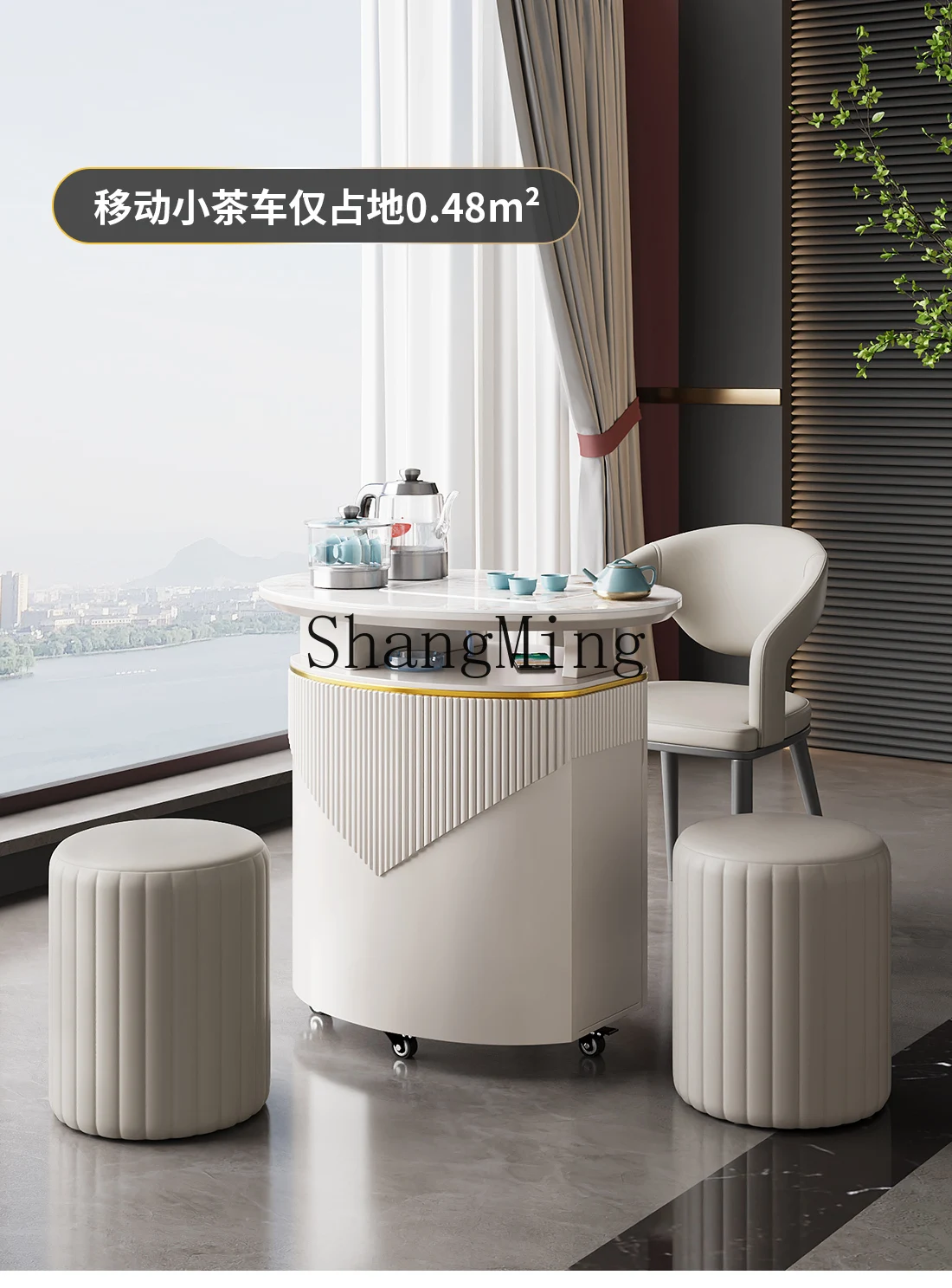 CLSmall Apartment, Movable Small Tea Cart Balcony Tea Table and Chair Set for Home Use, Light Luxury Modern High-End Feel,