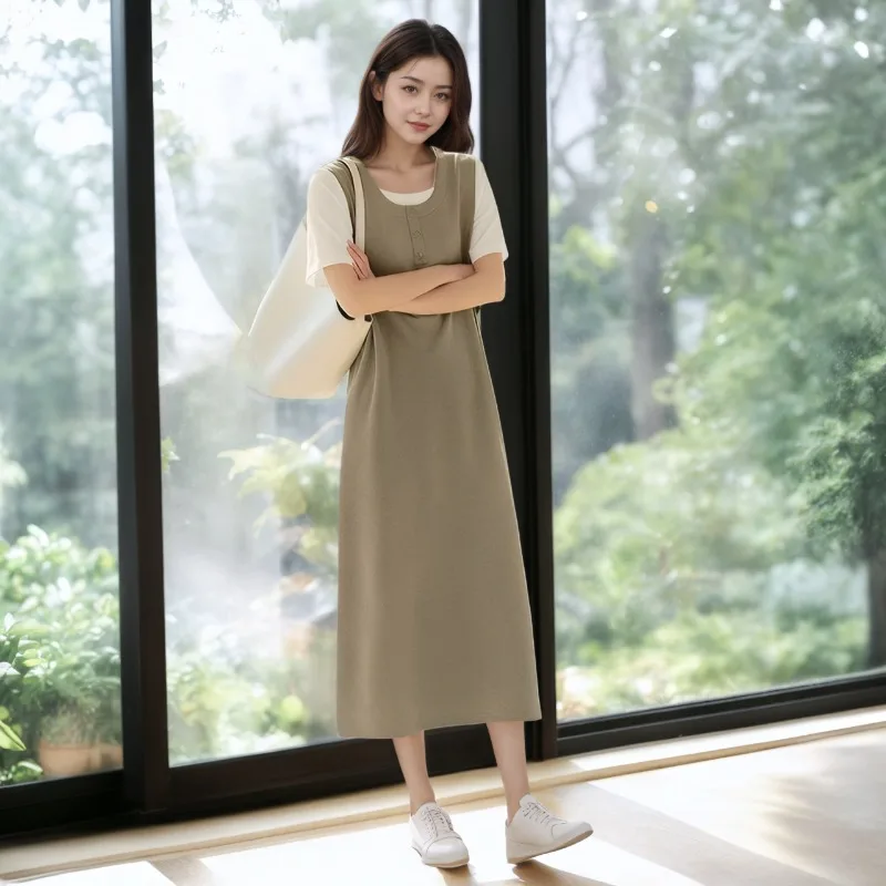 

New Women Fake Two Piece Dress Mamba Cotton Spliced Short Sleeve Elegant Unique Design Long Dress Casual Daily Female Dresses