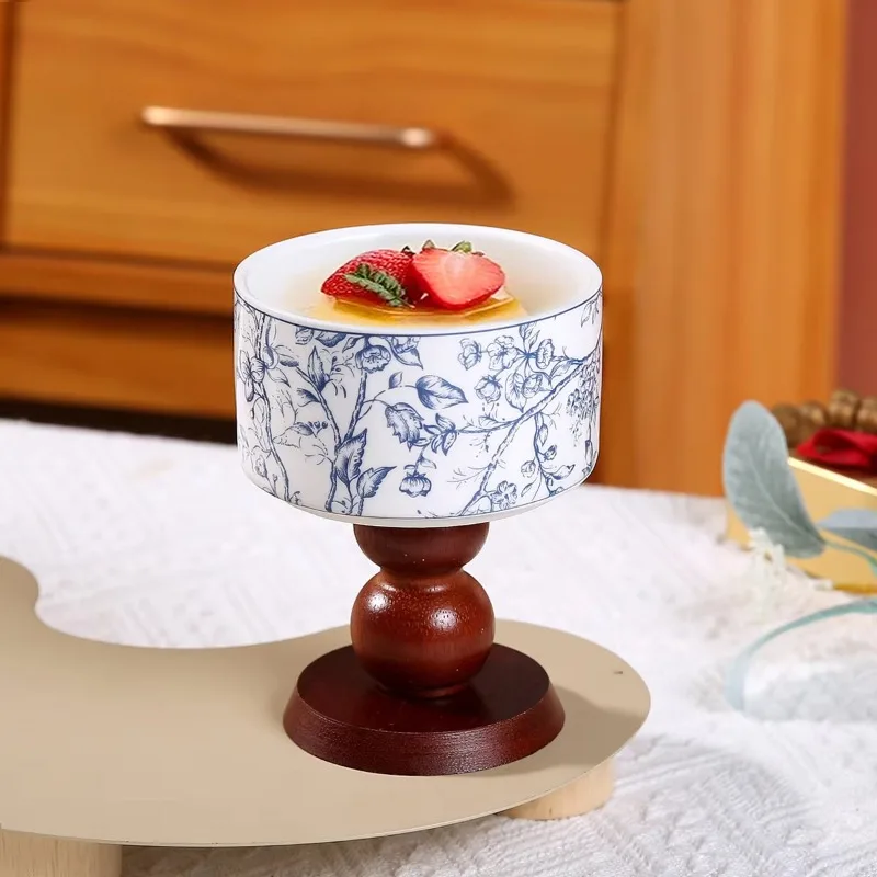 Table service for dessert, coffee cup, retro ceramic candle holder, wooden high foot Cup, Nordic style tableware for dining room